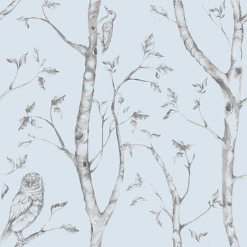 Trees and Birds Peel and Stick Wallpaper, Blue, 4 Rolls