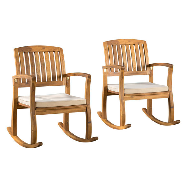 GDF Studio Sadie Outdoor Acacia Wood Rocking Chairs w/ Cushions, Set o