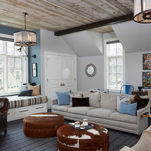 Huge elegant open concept carpeted home theater photo in Grand Rapids with a wall-mounted tv