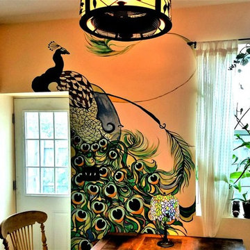 Dining nook with peacock mural, art deco stained glass lamp