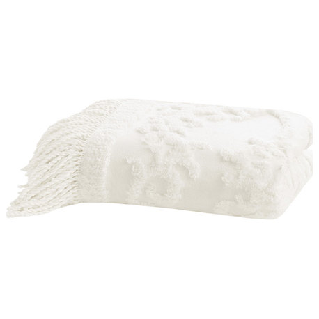 Madison Park Chloe Fringed Tufted Throw Blanket, Boho Pattern, White