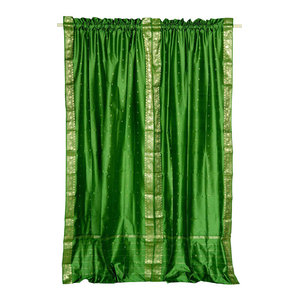 Forest Green Tie Top Sheer Sari Curtain Drape Panel Pair