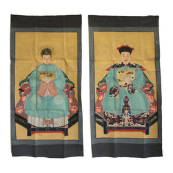 Pair Chinese Canvas Color Ink Royal Lady Gentleman Ancestor Paint Ar - Paintings