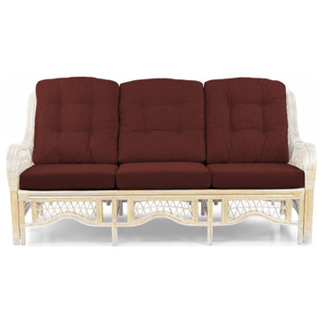 Malibu Handmade 3-Seater Sofa ECO Natural Rattan Wicker, White Wash, Dark Brown Cushions