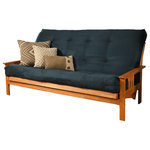 Studio Living - Caleb Frame Queen Futon With Butternut Finish, Suede Blue - The Monterey is a futon that has earned its diploma and graduated from dorm room into decor. The seat is 22 inches off the floor standard sofa height so this piece fits in nicely with the other seats in your space. The seat back reclines to create a queen-size bed. A durable hardwood construction with clean lines earns the dignified Monterey futon a place in your home.