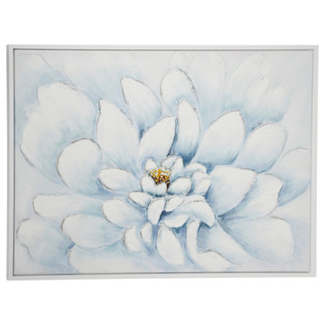 Large Rectangular Silver & White Peony Flower Acrylic Painting in Silver Frame