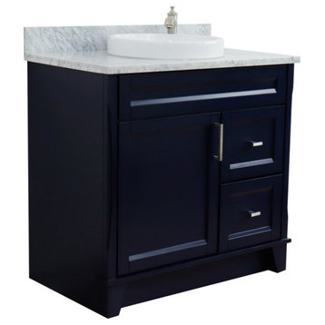 37" Single Sink Vanity, Blue Finish With White Carrara Marble