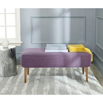 Contemporary Upholstered Bench, Birch Wood Legs With Comfortable Seat, Plum