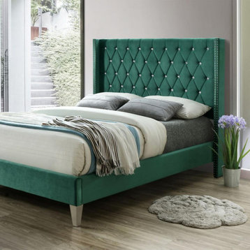 Better Home Products Alexa Velvet Upholstered Queen Platform Bed in Green