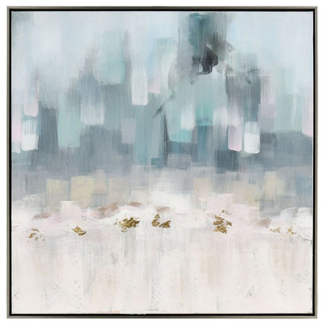 Framed Impressionist Abstract Blue and Gray Acrylic Painting on Canvas for