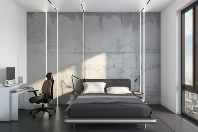 Стильный дизайн: хозяйская спальня среднего размера в современном стиле с серыми стенами, бетонным полом и серым полом - последний тренд