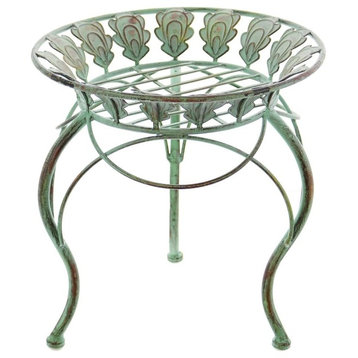 13" Round Metal Plant Stand with Peacock Tail Motif and Curved Legs