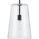 Progress Lighting - Clarion Collection Black 1-Light Medium Pendant - Who says you have to sacrifice forms for function? This versatile pendant features a simple, clear glass shade that embraces minimalist modernity and functional task lighting. The glass shade rests at the end of a sleek black bar that attaches to the ceiling. Each light fixture has a swivel at its base that makes it perfect for installing on flat or angled ceilings.