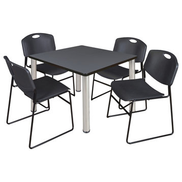 Kee 42" Square Breakroom Table- Grey/ Chrome & 4 Zeng Stack Chairs- Black