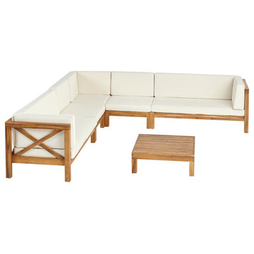 Bunny Outdoor 7 Seater Acacia Wood Sectional Sofa Set, Beige