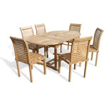 Windsor Teak Furniture - Grade A Teak, 66",  Extension Table With Designer Stacking Chairs - The Buckingham 66"x 39"Double Leaf Oval Extension Table W/6 Casa Blanca Armless Stacking Chairs. The table is 46" when closed, 56" with one leaf open , and 66" with both leafs open...giving you 3 different size tables. The table is designed with built-in butterfly pop-up leafs that enables you to open or close the table in 15 seconds. The table also comes with cap covered umbrella hole and a built-in umbrella base. The stylish Casa Blanca chairs are very popular with a "designer look" .... extremely comfortable with the contoured seats and very practical since they stack for easy storage.  Some assembly w/ table. Shipped via truck