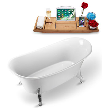 59" White Clawfoot Tub and Tray, Chrome Feet, Chrome Internal Drain