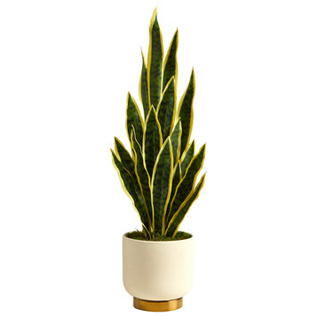 3' Sansevieria Artificial Plant, Cream Planter With Gold Base