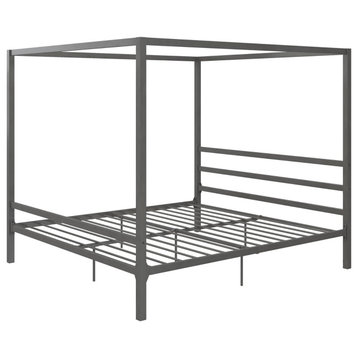 King Canopy Platform Bed, Sleek Metal Frame With Built, Headboard, Grey