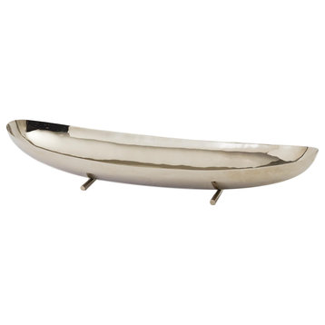 Elegant Silver Metal Long Swoop Bowl 30" Wide Minimalist Canoe Serving Classic