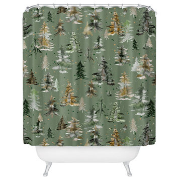 Ninola Design Watercolor Pines Spruces Green Shower Curtain, 71x74"