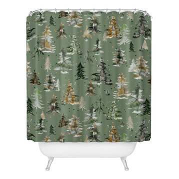 Ninola Design Watercolor Pines Spruces Green Shower Curtain, 71x74"