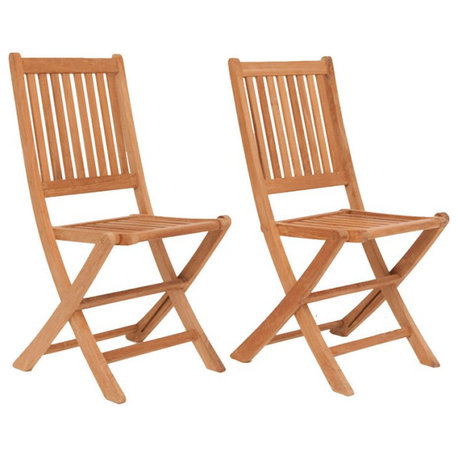 Set of 2 Armless Folding Chair, Teak Wood Construction With Slatted Back, Brown