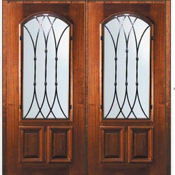 Prehung Double Door 80 Wood Mahogany Warwick Arch Lite Wrought Iron - Front Doors