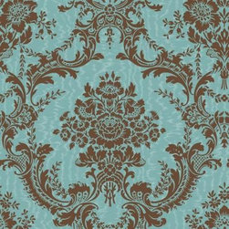 Brown and Blue Mid-Scale Damask on a Moire Ground Wallpaper - Wallpaper