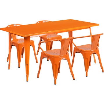 31.5"x63" Rectangular Orange Metal 5-Piece Table Set With 4 Arm Chairs