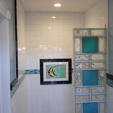 Prefabricated glass block sections during a small San Diego shower installation