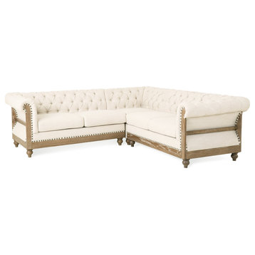 Sectional Sofa, Birch Frame With Button Tufted Back & Rolled Arms, Beige