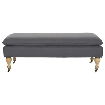 Transitional Accent Bench, Wheeled Carved Legs & Comfortable Pillowed Seat, Gray