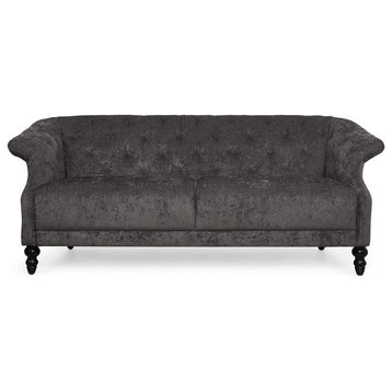 Contemporary Sofa, Unique Design With Diamond Tufted Backrest, Dark Charcoal