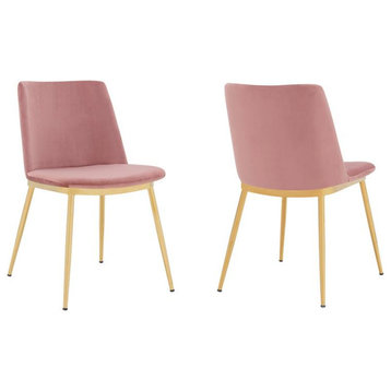 Armen Living Messina Modern Velvet & Metal Dining Chair in Pink/Gold (Set of 2)