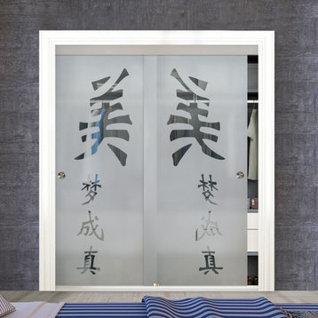Frameless 2 Leaf Sliding Closet Bypass Glass Door, Chinese Design., 72"x96" Inch