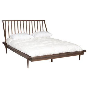 Queen Size Platform Bed, Pine Wood Construction With Spindle Headboard, Walnut