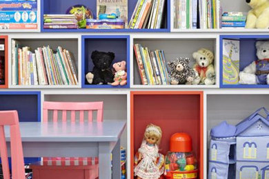 Inspiration for a mid-sized contemporary gender-neutral carpeted and white floor kids' room remodel in Toronto with gray walls