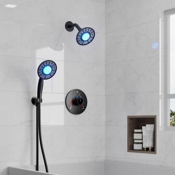 Pressure Balance Shower Faucet Set 3 Colors LED Shower Head With Rough-in Valve, Matte Black, 5"