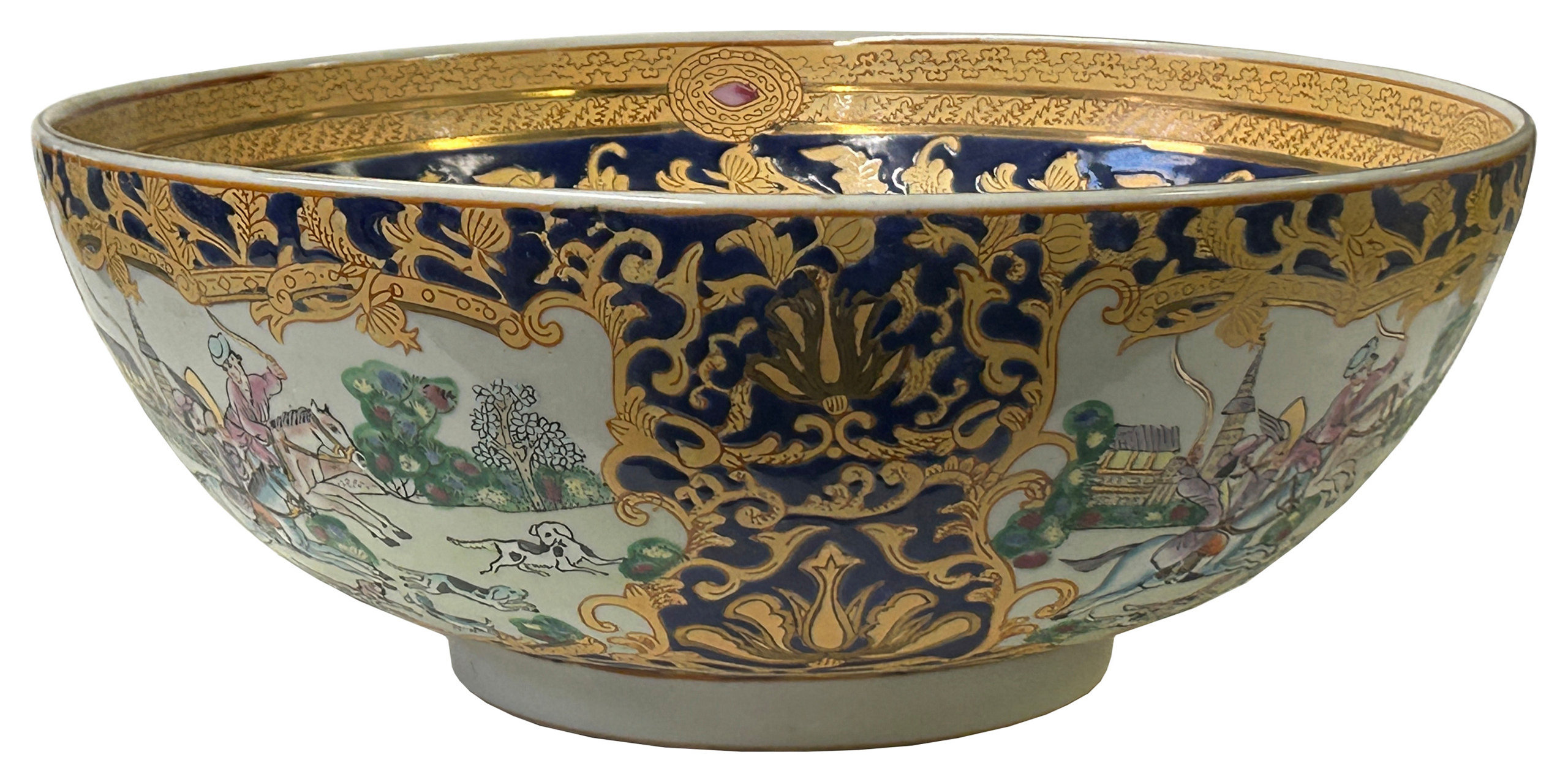 Chinese Oriental Vintage Round Domino Puppy Horse Riding Porcelain Bowl