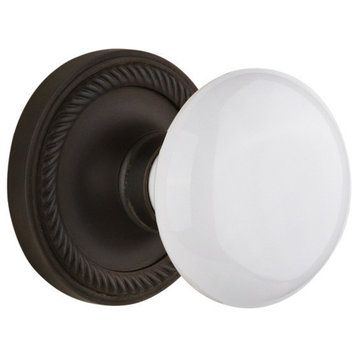 Double Rope Rosette With White Porcelain Knob, Oil-Rubbed Bronze