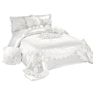 6-Piece White Sweet Victorian Satin Comforter Bedding Set, King