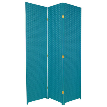 6' Tall Woven Fiber Room Divider, Special Edition, Turquoise Blue, 3 Panel