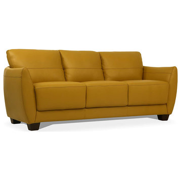 Elegant Sofa, Stitched Tufted Leather Upholstered Seat With Flared Arms, Mustard