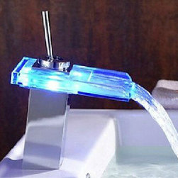 Color Changing LED Waterfall Bathroom Sink Faucet (Glass Spout)--H31089 - Bathroom Sink Faucets