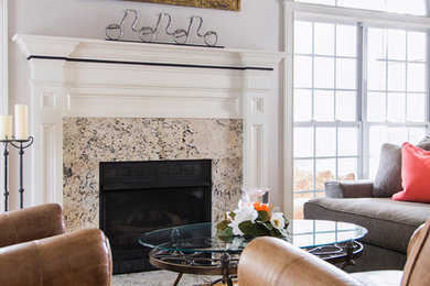 Family room - mid-sized contemporary open concept medium tone wood floor and brown floor family room idea in Atlanta with gray walls, a ribbon fireplace, a stone fireplace and a media wall