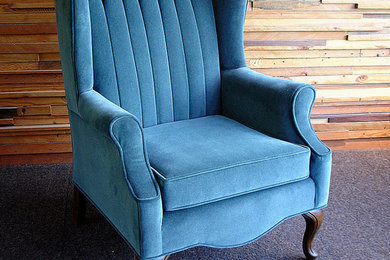 Imitation blue mohair covered wingback chair