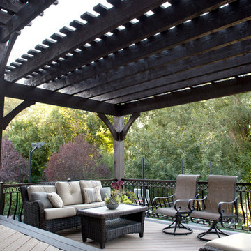 Timber Frame Tiered Pergolas, Deck, Ornamental Metal Railings