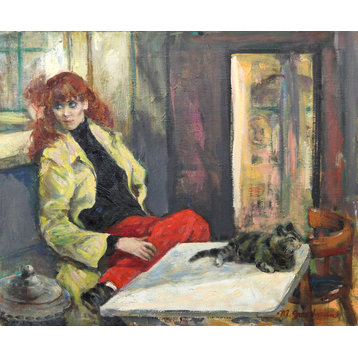 Marshall Goodman, Woman In Yellow Jacket With Cat, Oil Painting