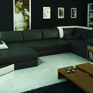 Modern Black Bonded Leather Sectional Sofa with White Accents
